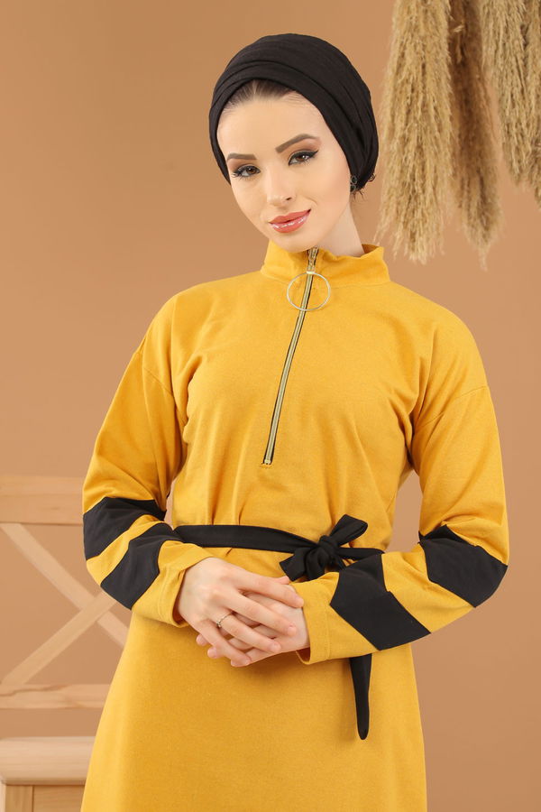 8375 KUŞAKLI ELBİSE Sarı - 8375