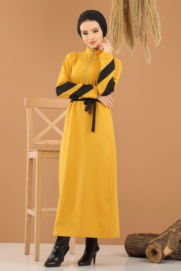 8375 KUŞAKLI ELBİSE Sarı - 8375