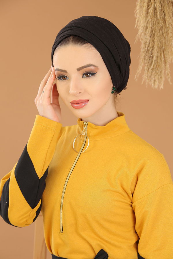 8375 KUŞAKLI ELBİSE Sarı - 8375