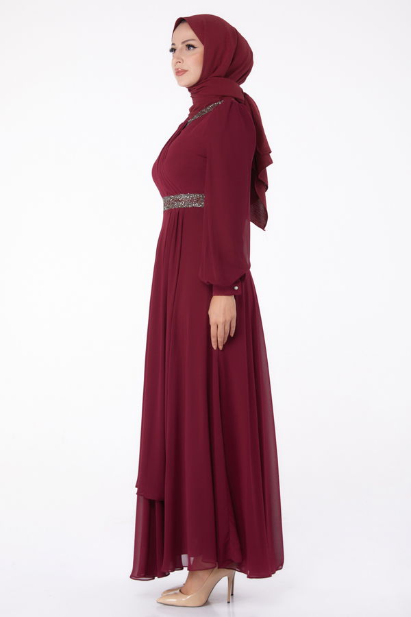 Düz Hakim Yaka Kadın Bordo Taşlı Şifon Elbise - 26255 BORDO