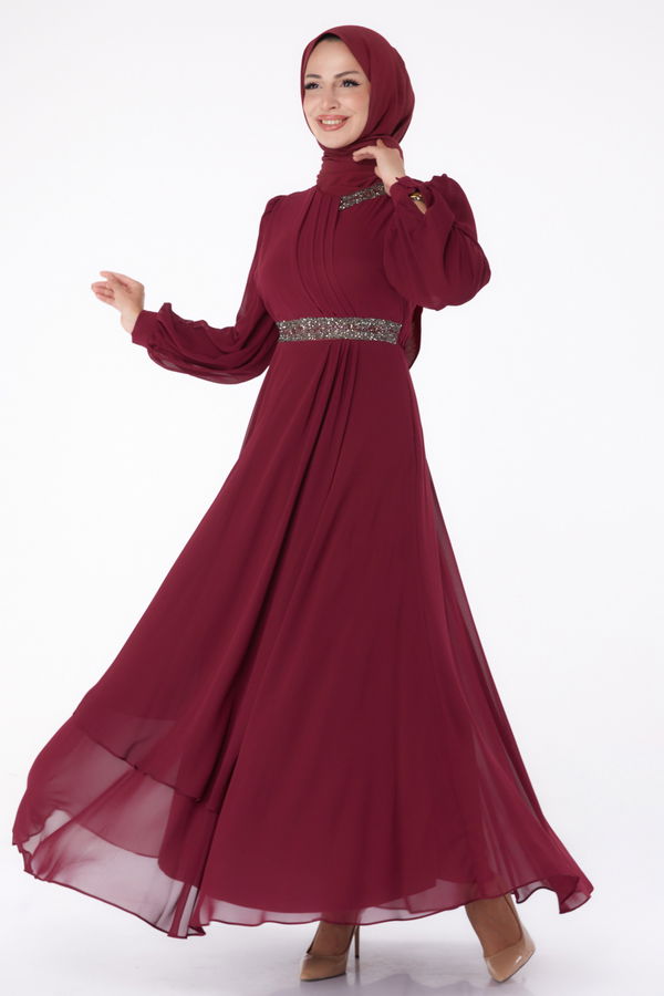 Düz Hakim Yaka Kadın Bordo Taşlı Şifon Elbise - 26255 BORDO