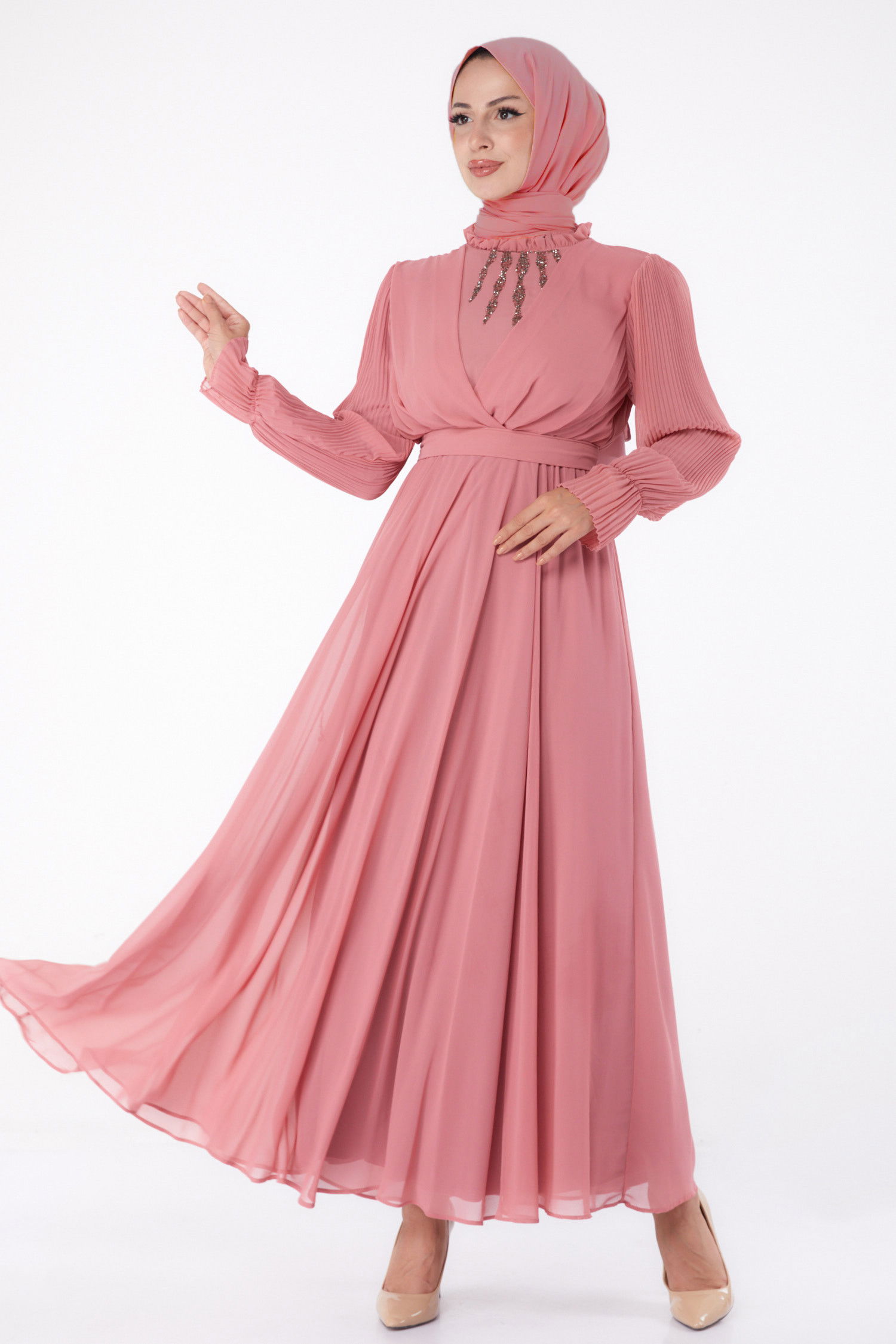 Düz Hakim Yaka Kadın Pembe Taşlı Şifon Elbise - 26256