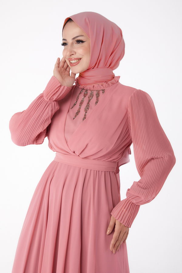 Düz Hakim Yaka Kadın Pembe Taşlı Şifon Elbise - 26256