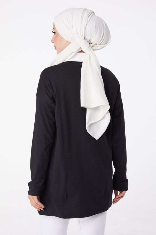Düz Bisiklet Yaka Kadın Siyah Baskılı Sweat - 26236