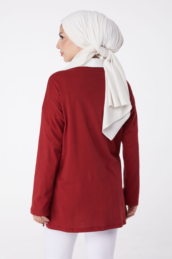 Düz Bisiklet Yaka Kadın Bordo Baskılı Sweat - 26238 BORDO