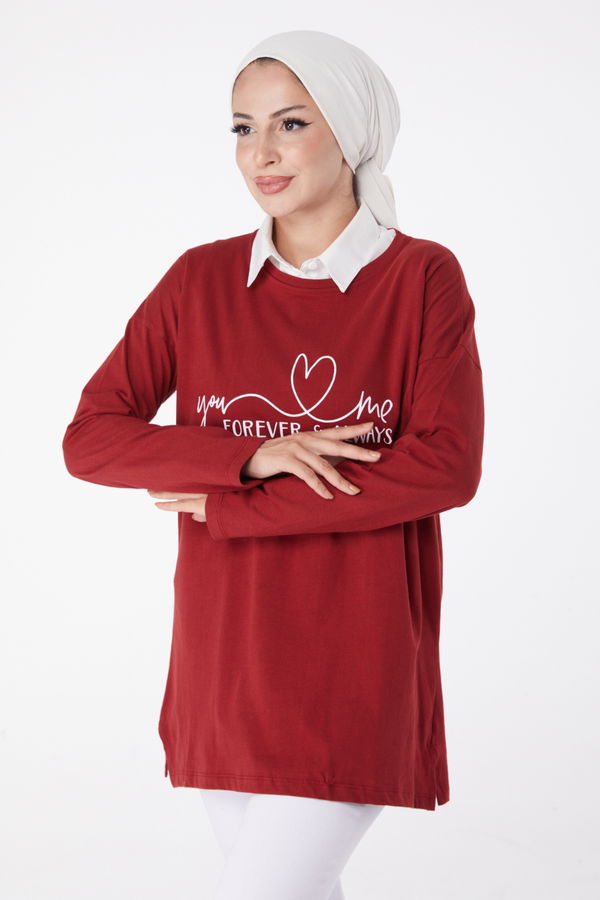 Düz Bisiklet Yaka Kadın Bordo Baskılı Sweat - 26238 BORDO