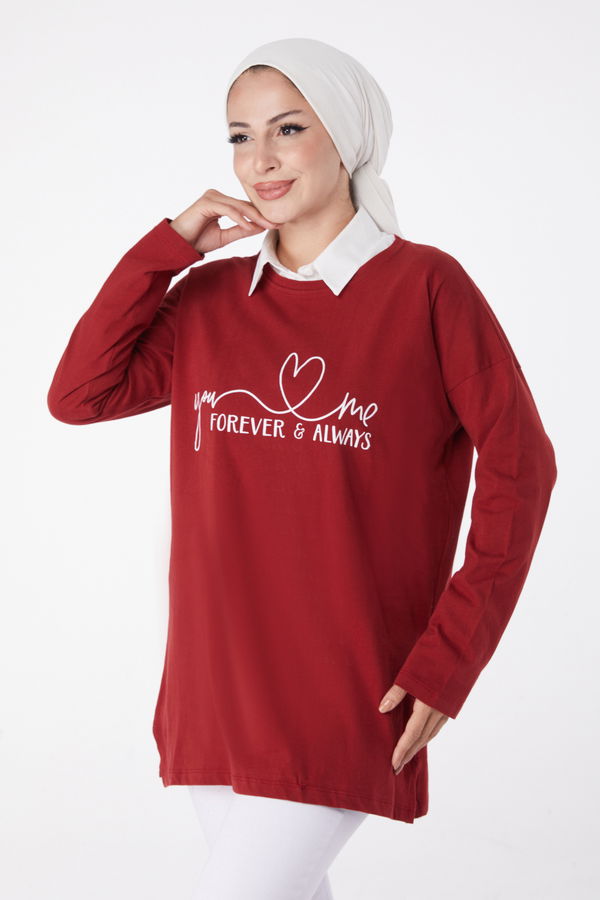 Düz Bisiklet Yaka Kadın Bordo Baskılı Sweat - 26238 BORDO