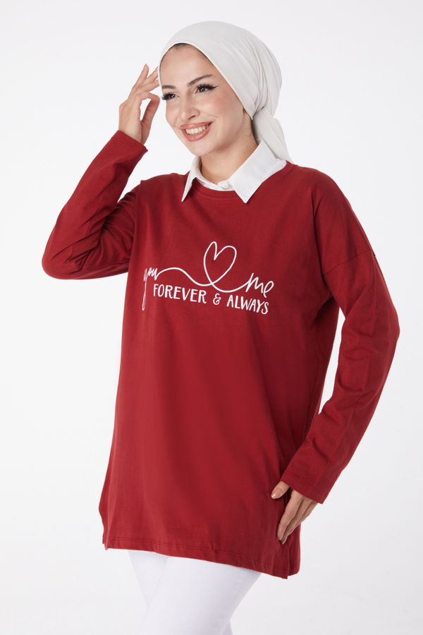 Düz Bisiklet Yaka Kadın Bordo Baskılı Sweat - 26238 BORDO