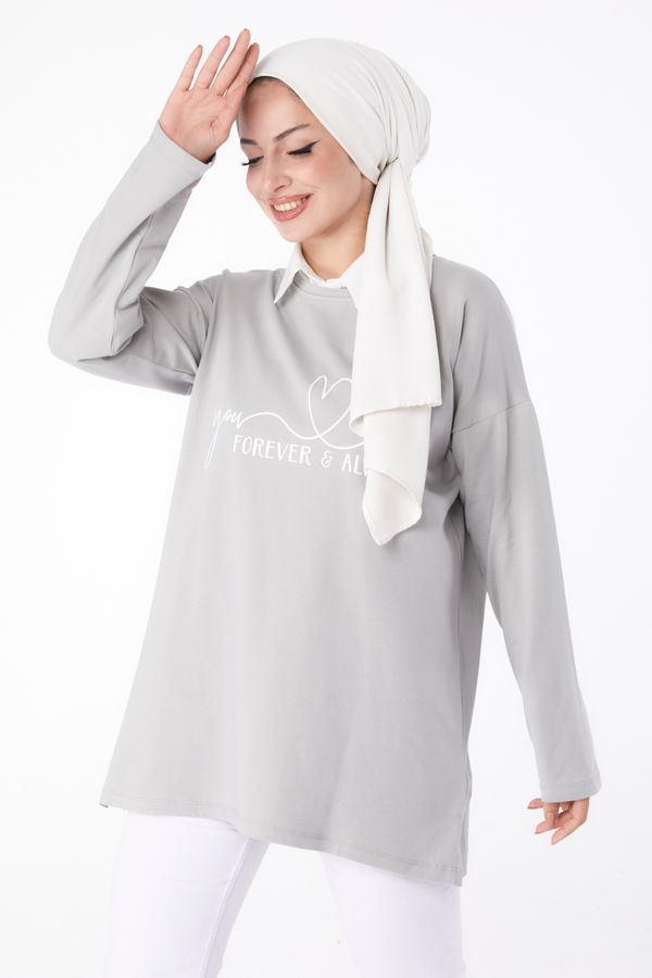 Düz Bisiklet Yaka Kadın Gri Baskılı Sweat - 26238