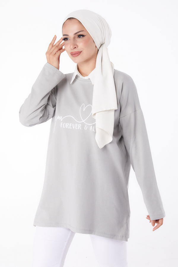 Düz Bisiklet Yaka Kadın Gri Baskılı Sweat - 26238