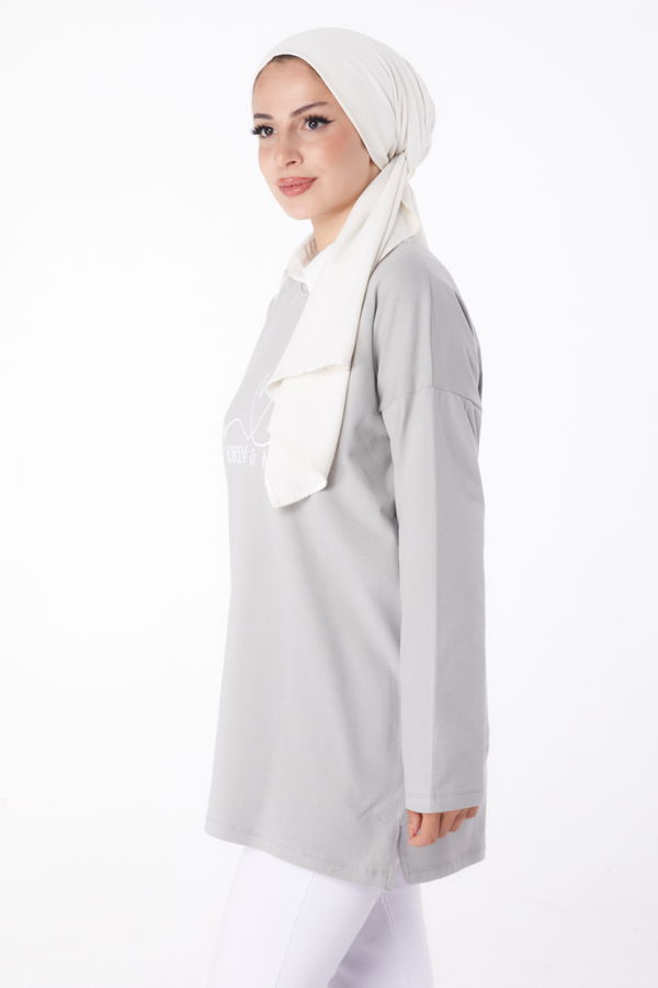 Düz Bisiklet Yaka Kadın Gri Baskılı Sweat - 26238