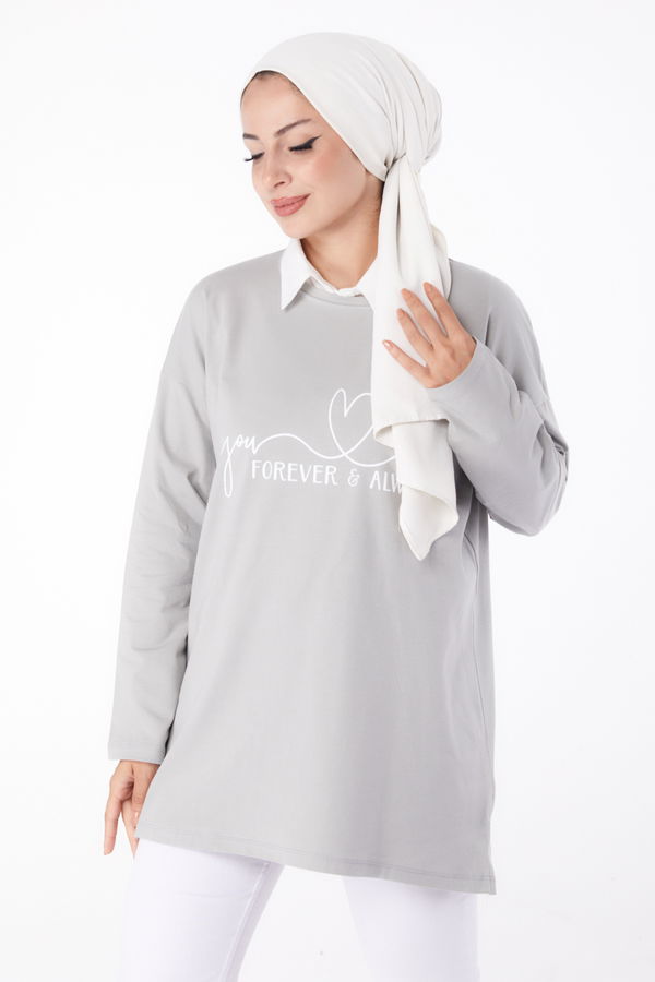 Düz Bisiklet Yaka Kadın Gri Baskılı Sweat - 26238