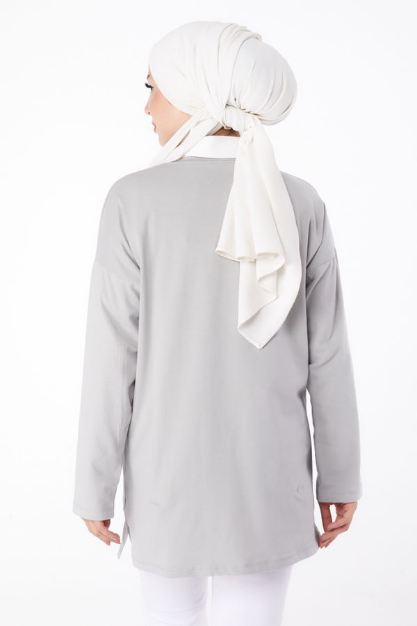 Düz Bisiklet Yaka Kadın Gri Baskılı Sweat - 26238