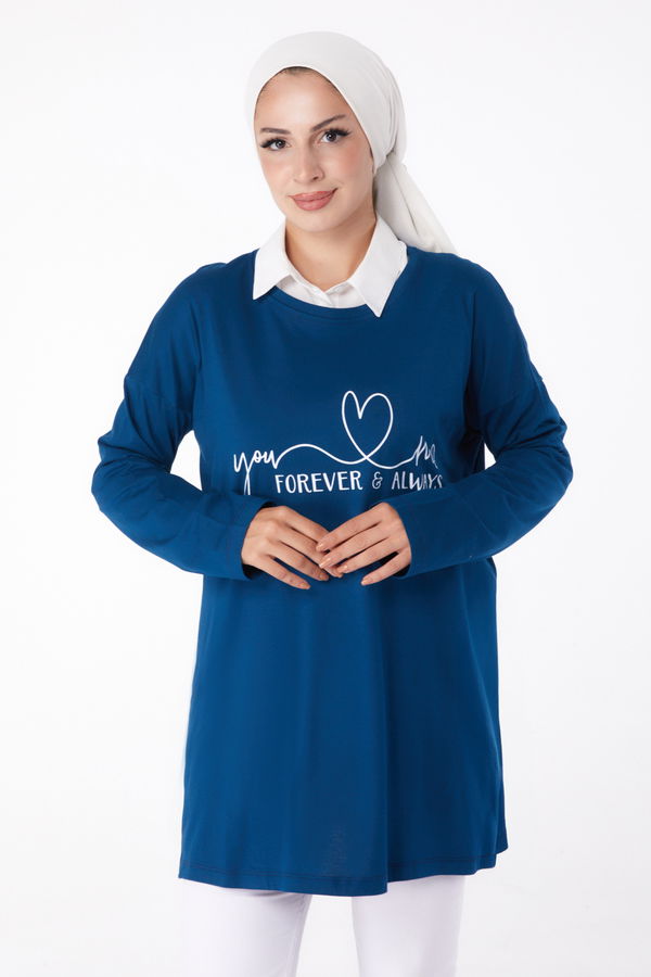 Düz Bisiklet Yaka Kadın Lacivert Baskılı Sweat - 26238 LACİVERT