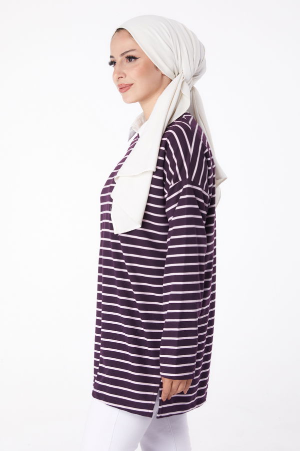 Düz Bisiklet Yaka Kadın Mor Çizgili Sweat - 26247 MOR