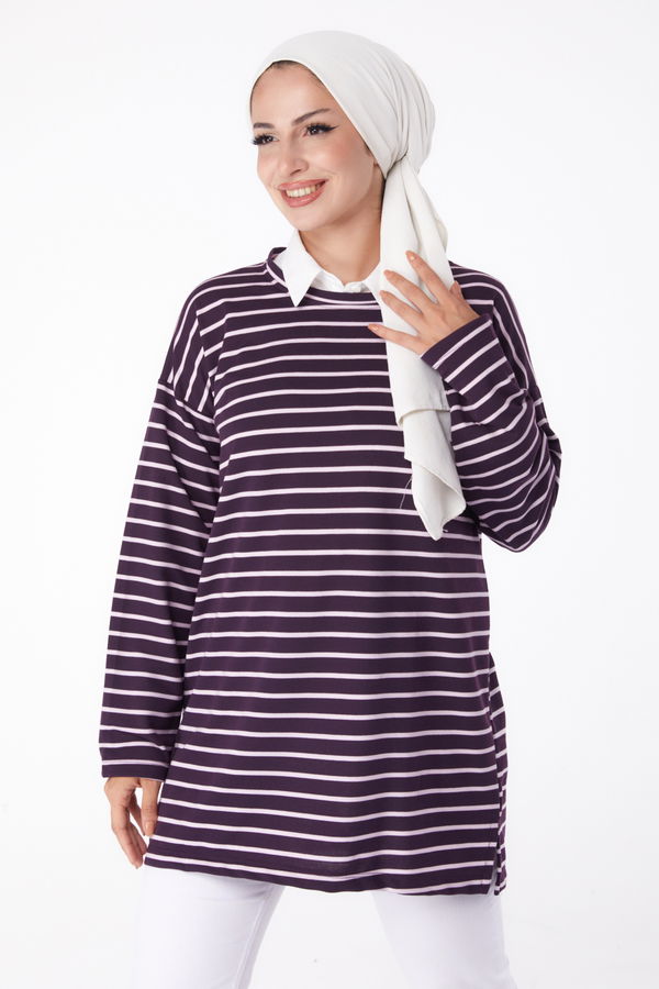 Düz Bisiklet Yaka Kadın Mor Çizgili Sweat - 26247 MOR
