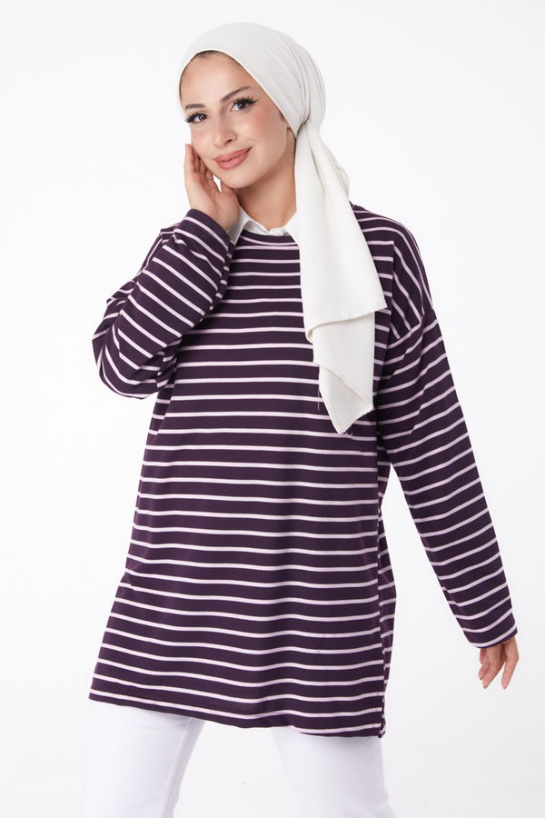 Düz Bisiklet Yaka Kadın Mor Çizgili Sweat - 26247 MOR