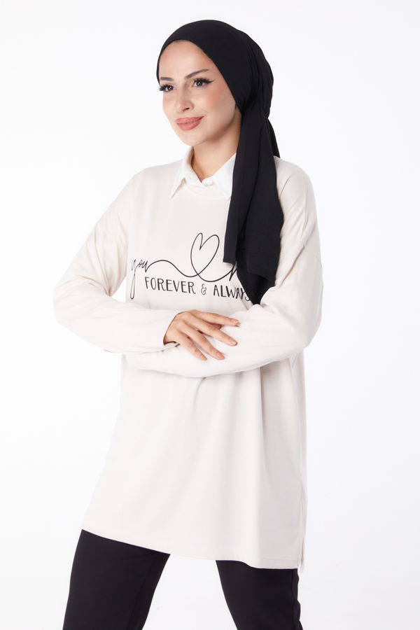 Düz Bisiklet Yaka Kadın Ekru Baskılı Sweat - 26238 EKRU