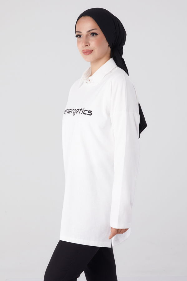 Düz Bisiklet Yaka Kadın Beyaz Baskılı Sweat - 26236 BEYAZ