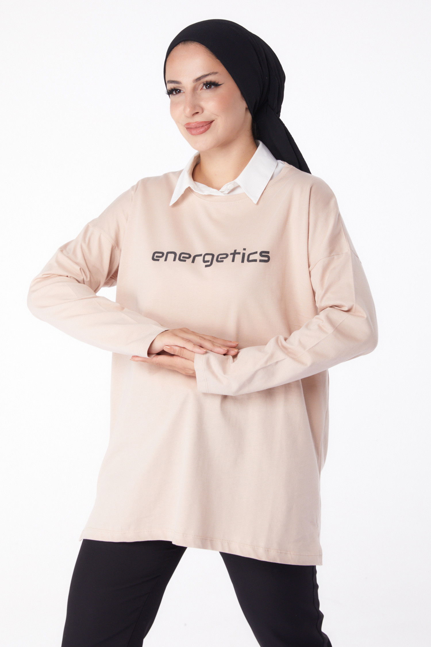 Düz Bisiklet Yaka Kadın Ekru Baskılı Sweat - 26236 EKRU