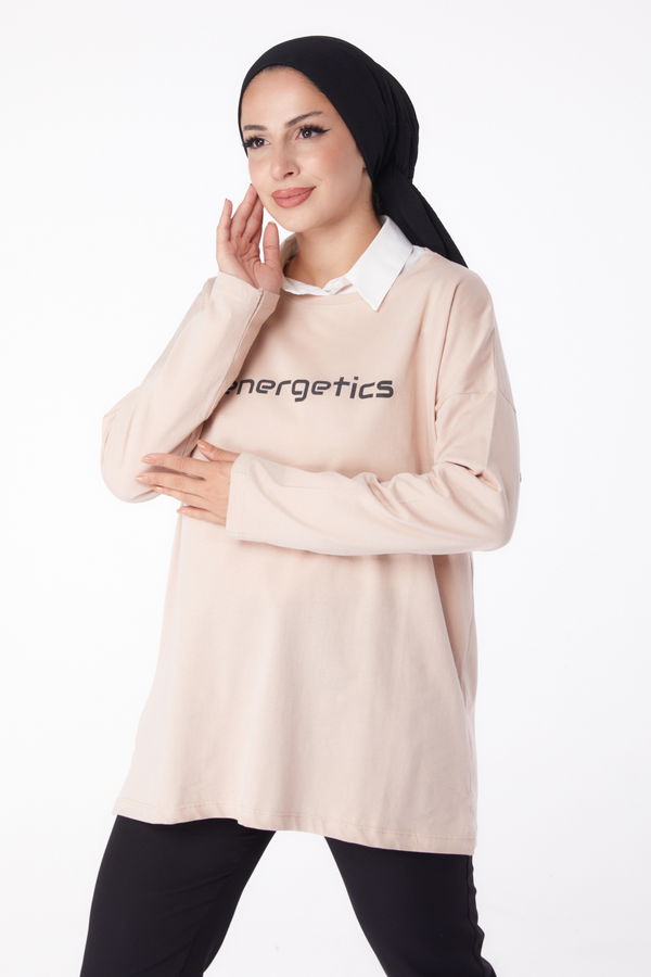 Düz Bisiklet Yaka Kadın Ekru Baskılı Sweat - 26236 EKRU