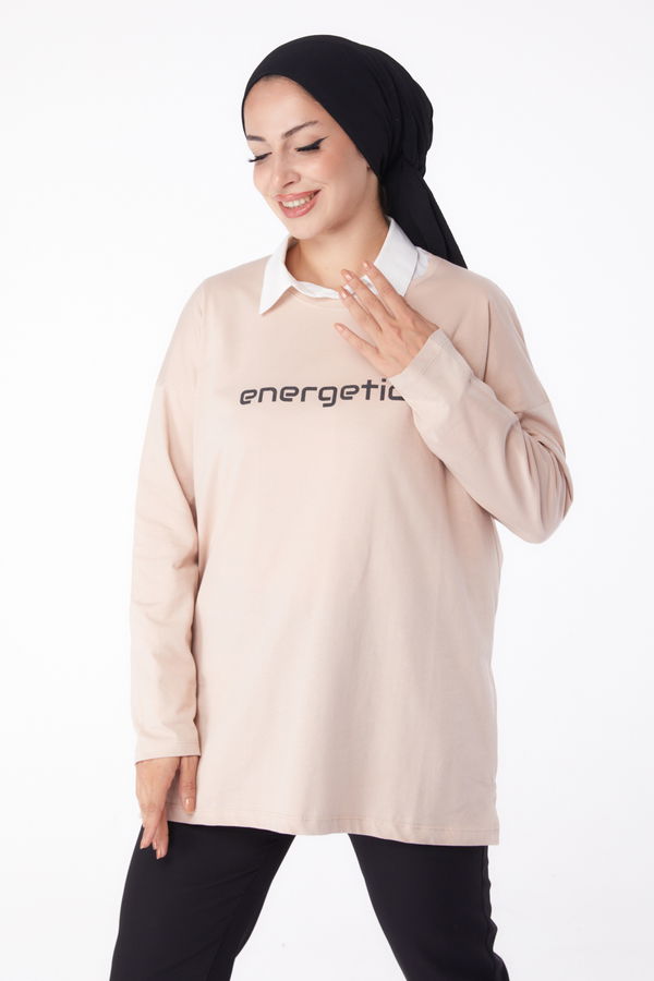 Düz Bisiklet Yaka Kadın Ekru Baskılı Sweat - 26236 EKRU