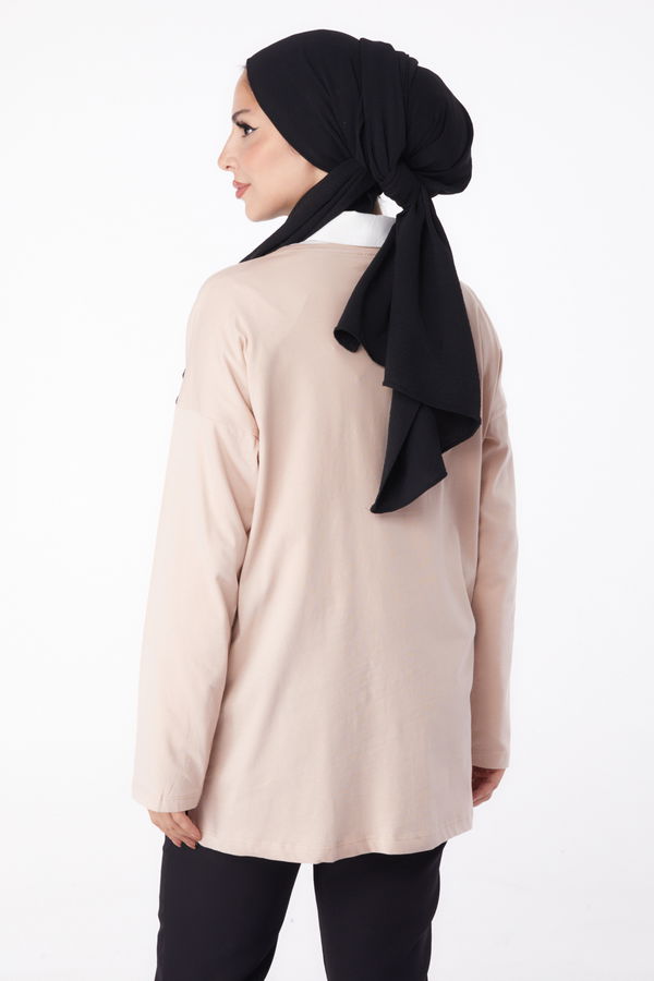 Düz Bisiklet Yaka Kadın Ekru Baskılı Sweat - 26236 EKRU