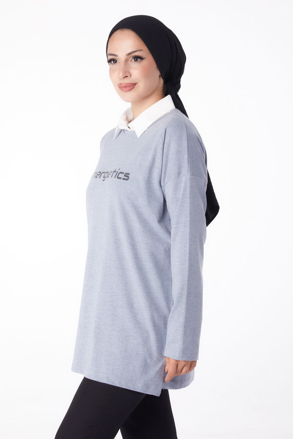 Düz Bisiklet Yaka Kadın Gri Baskılı Sweat - 26236