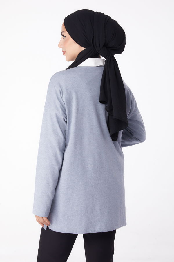 Düz Bisiklet Yaka Kadın Gri Baskılı Sweat - 26236