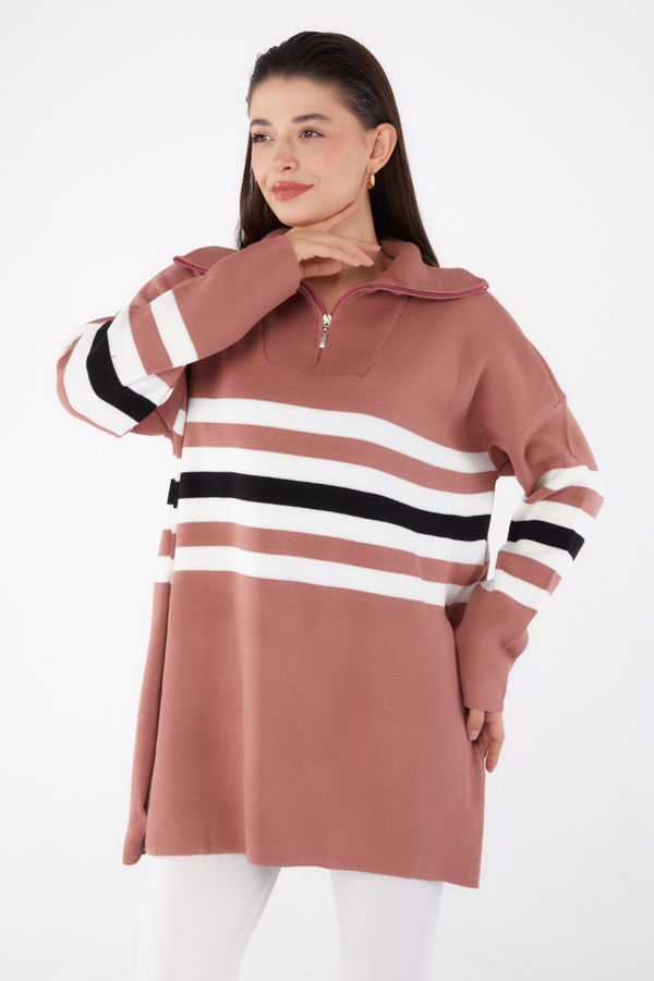 Düz Gömlek Yaka Kadın Pembe Çizgili Triko Tunik - 26419 PEMBE