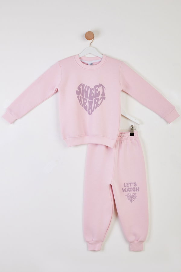 Kız Çocuk Pembe Baskılı İkili Takım - 26436 PEMBE
