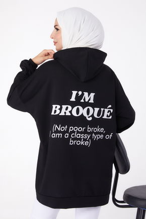 Düz Kapşonlu Yaka Kadın Siyah Arkası Baskılı Sweatshirt - 13327