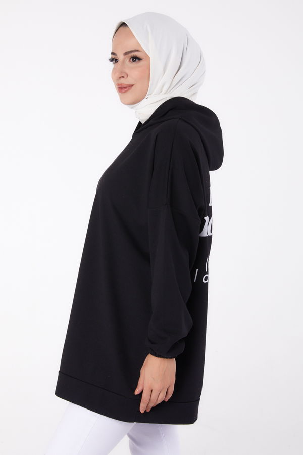 Düz Kapşonlu Yaka Kadın Siyah Arkası Baskılı Sweatshirt - 13327