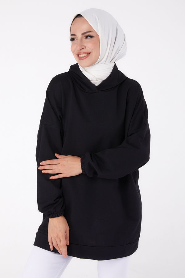Düz Kapşonlu Yaka Kadın Siyah Arkası Baskılı Sweatshirt - 13327