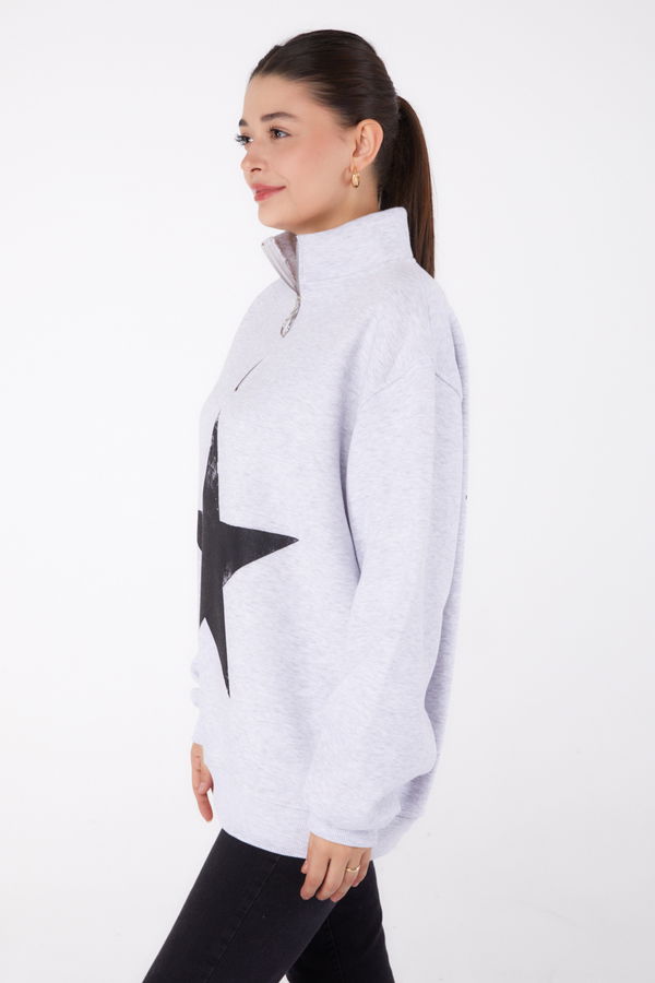 Düz Yarım Balıkçı Yaka Kadın Gri Fermuarlı Baskılı Sweatshirt - 26385 GRİ