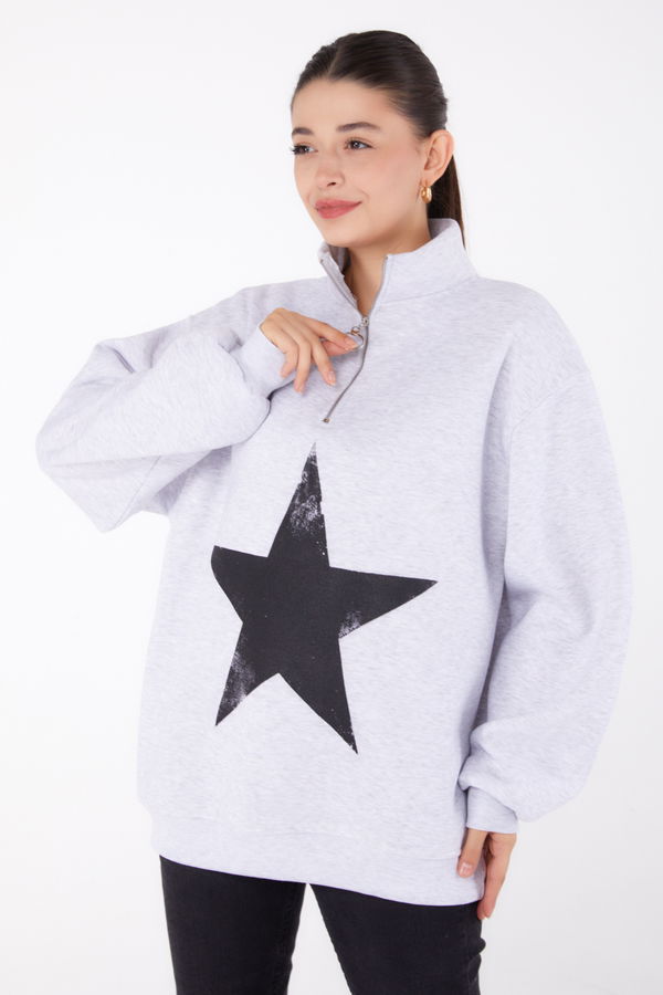 Düz Yarım Balıkçı Yaka Kadın Gri Fermuarlı Baskılı Sweatshirt - 26385 GRİ