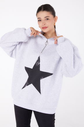 Düz Yarım Balıkçı Yaka Kadın Gri Fermuarlı Baskılı Sweatshirt - 26385