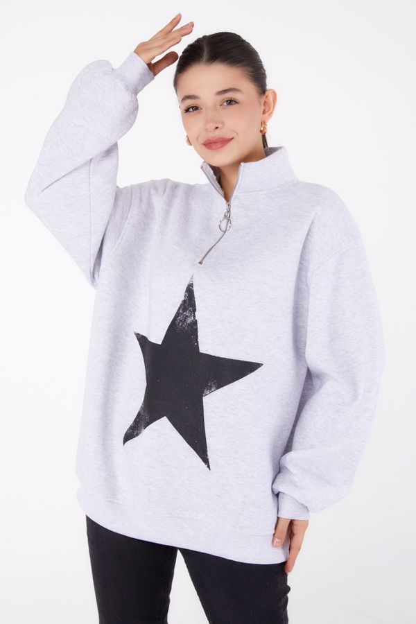 Düz Yarım Balıkçı Yaka Kadın Gri Fermuarlı Baskılı Sweatshirt - 26385 GRİ