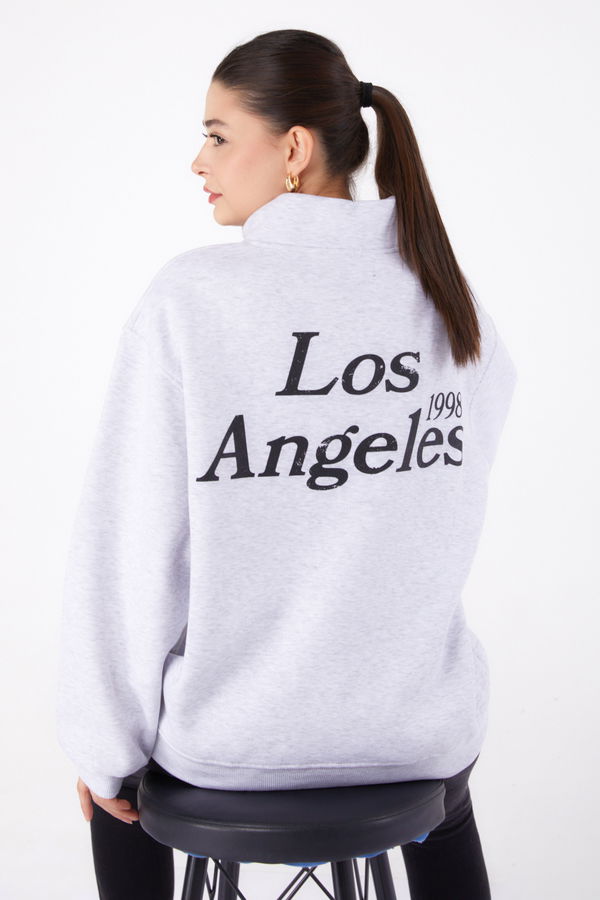 Düz Yarım Balıkçı Yaka Kadın Gri Fermuarlı Baskılı Sweatshirt - 26385 GRİ