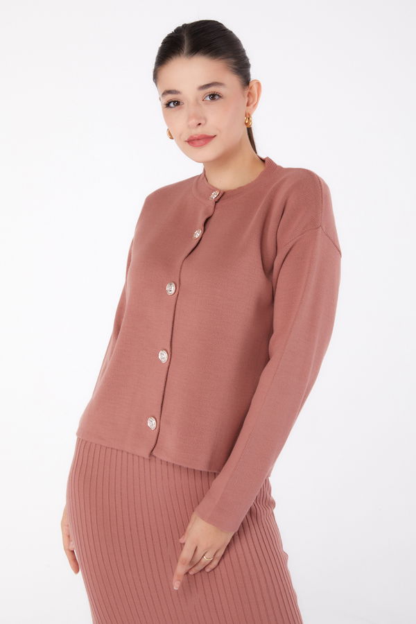 Düz Hakim Yaka Kadın Pembe Triko Crop Elbise İkili Takım - 26425