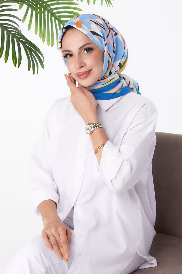 Düz Orta Kadın Mavi Desenli Eşarp - 26159 MAVİ