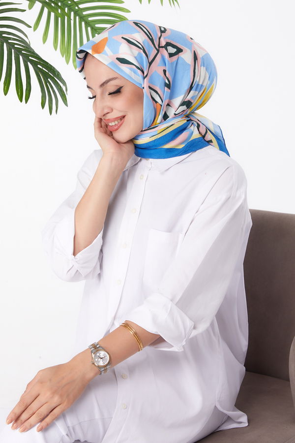 Düz Orta Kadın Mavi Desenli Eşarp - 26159 MAVİ