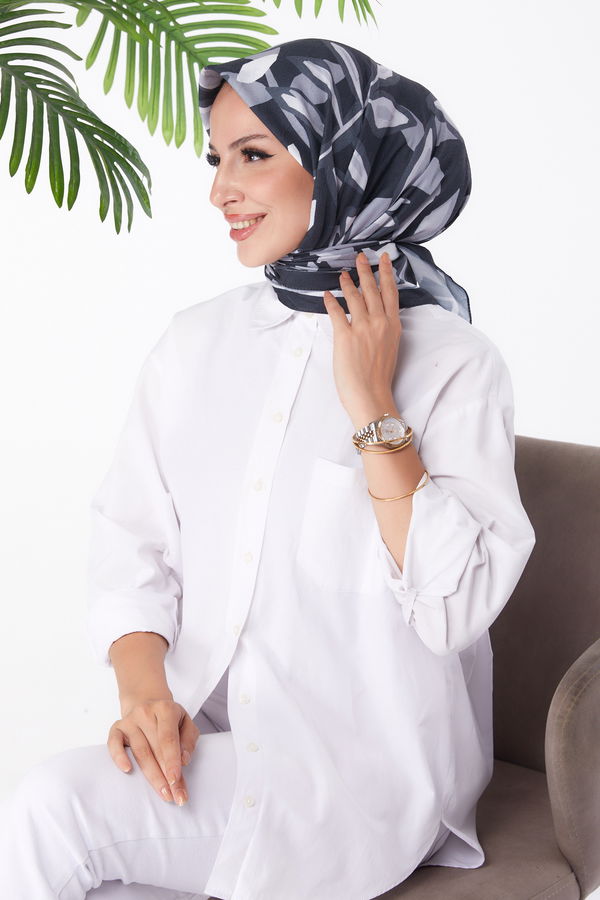 Düz Orta Kadın Gri Desenli Eşarp - 26159