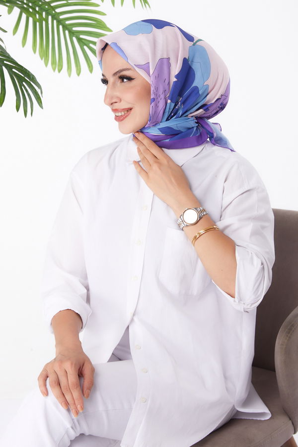 Düz Orta Kadın Mor Desenli Eşarp - 26158
