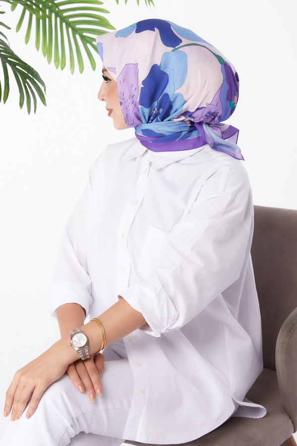 Düz Orta Kadın Mor Desenli Eşarp - 26158