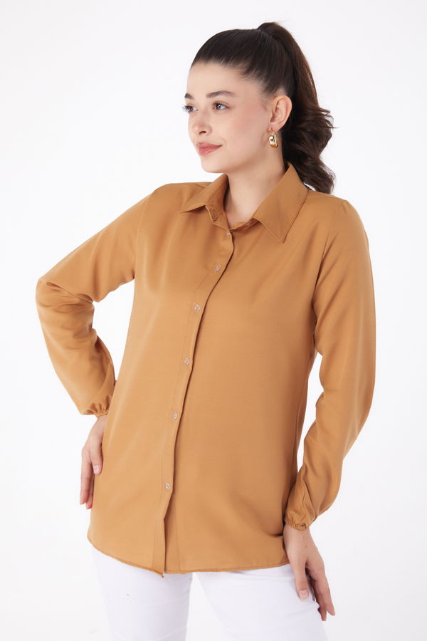 Düz Gömlek Yaka Kadın Taba Gömlek - 13249 TABA