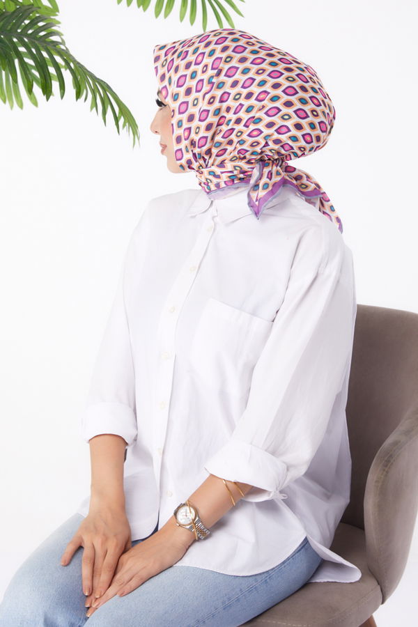 Düz Orta Kadın Mor Desenli Eşarp - 26151