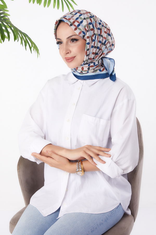 Düz Orta Kadın Mavi Desenli Eşarp - 26155 MAVİ