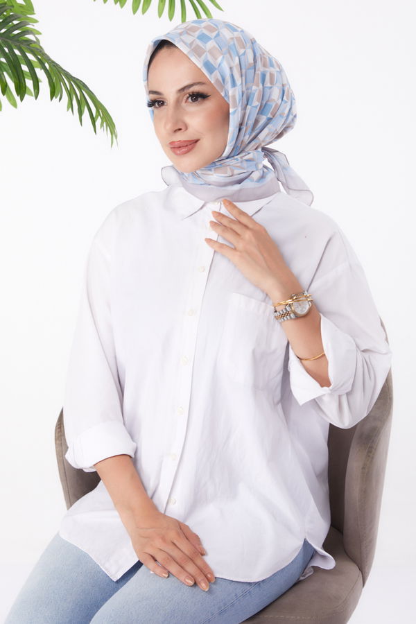 Düz Orta Kadın Mavi Desenli Eşarp - 26157 MAVİ