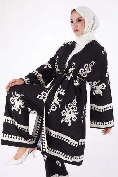 Düz Orta Kadın Siyah Hırka Pantolon İkili Takım - 13273